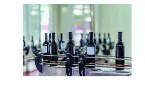 Butelki na wino w linii do etykietowania